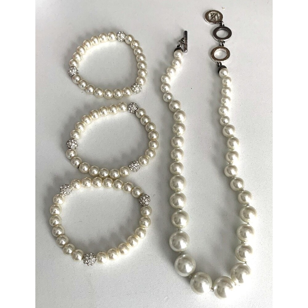 Anne Klein Silver Tone 4-PC Faux Pearls Necklace &Bracelet Set w/Crytal Accents - Picture 2 of 6